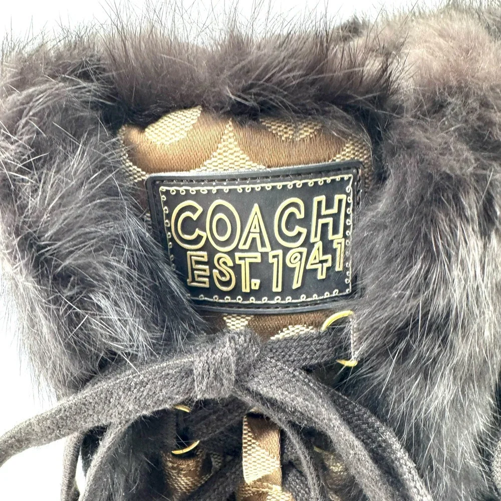 COACH Jennie Vintage Boots Women 10 Khaki Brown Logo Faux Fur Winter Snow Luxury